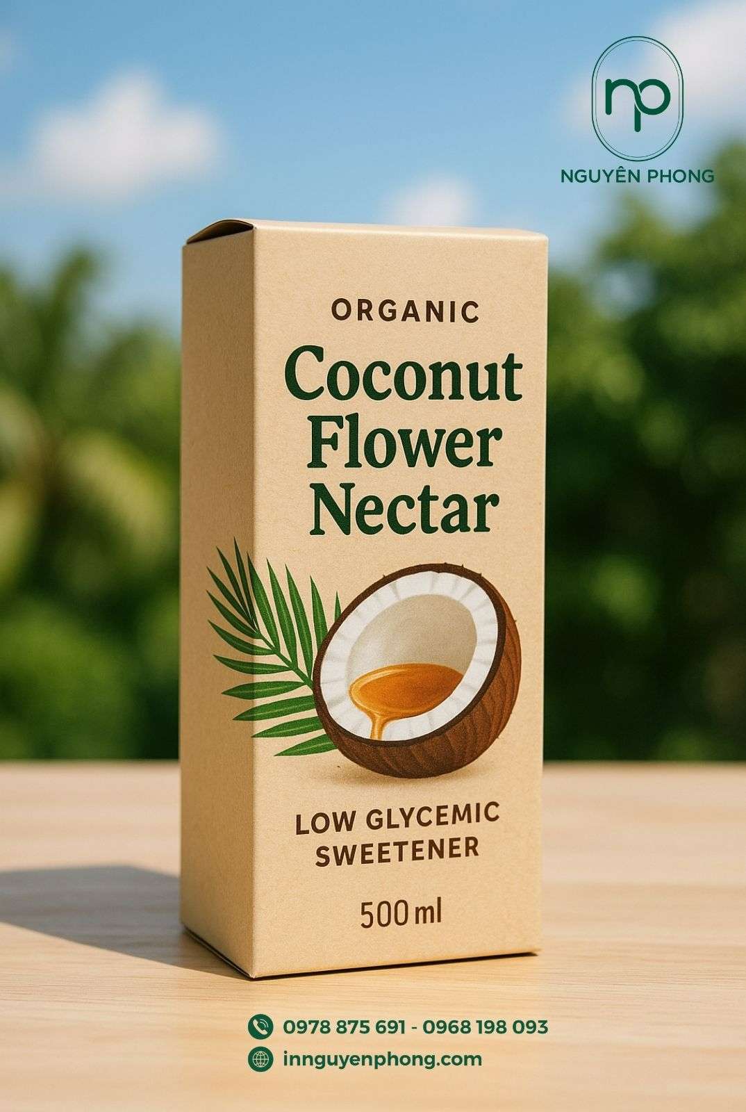 Mẫu hộp kraft dán mật hoa dừa thân thiện với môi trường